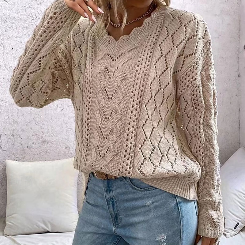 Women's Sweater Pullover Sweater Jumper Casual Geometric Crochet V Neck V Neck Long Sleeve Regular Tops Knit Outdoor Daily Weekend White Khaki Fall Winter4