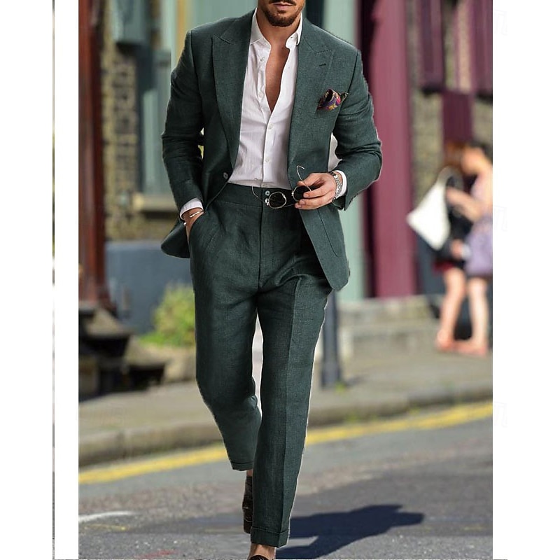 Men's Wedding Suits Closure collar Dark Green Solid Colored Slim Fit 2 Piece Single Breasted One-button3