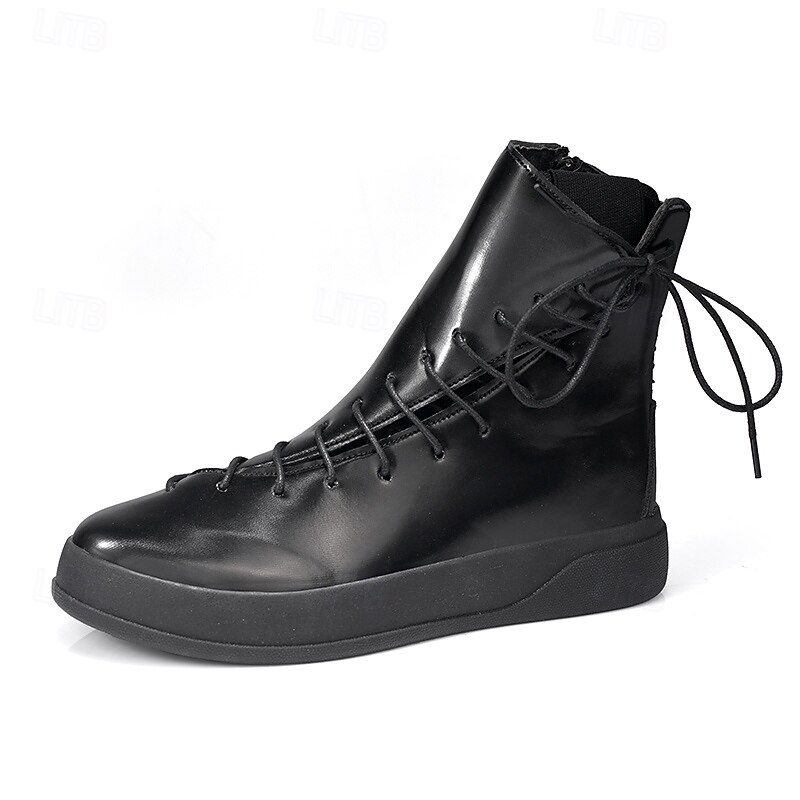 Men's Red Faux Leather High-Top Boots with Side Zipper and Lace-Up Design – Stylish Casual Footwear for Fall and Winter 28