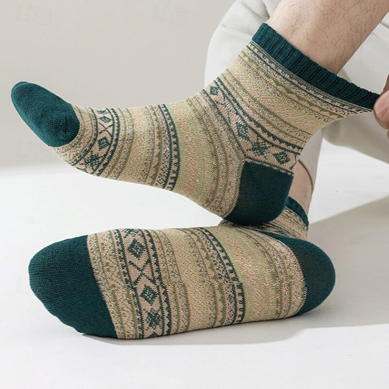 Men's 5 Pairs Multi Packs Socks Crew Socks Casual Socks Brown Color Stripes Daily Vacation Medium Spring Fall Fashion Casual2