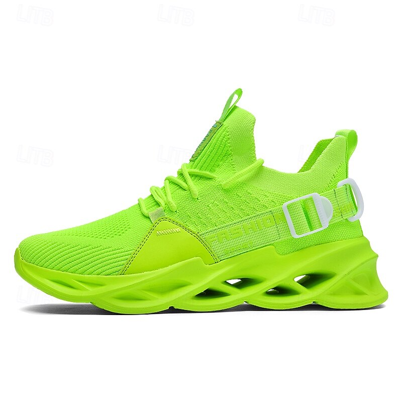 Men's Neon Green Flyknit Athletic Sneakers - Lightweight Breathable Running Shoes with Unique Sole Design3