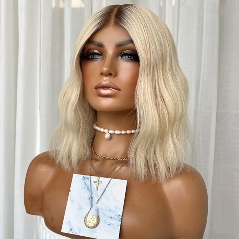Remy Human Hair 13x4 Lace Front Wig Short Bob Brazilian Hair Wavy Blonde Wig 130% 150% Density Ombre Hair Natural Hairline Glueless Pre-Plucked For Women Short Human Hair Lace Wig3