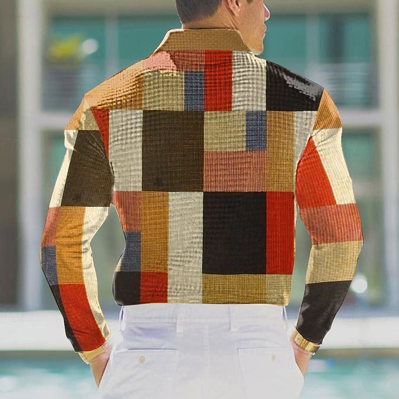 Men's Plaid Waffle Polo Shirts Golf Shirt Long Sleeve Polo Shirts Collared Shirts Vintage Casual Vacation Wear Formal Wear Festival Wear Buttons 3D Print Spring Fall Winter Multi Color2