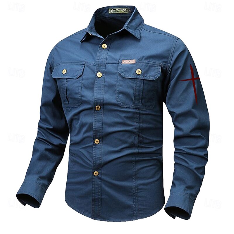 Men's Solid Color Work Shirt Western Shirt Cargo Shirt Long Sleeve Casual Tactical Sports & Outdoor Going out Winter Spring &  Fall Turndown Print Black Grey Black White Army Green Red2