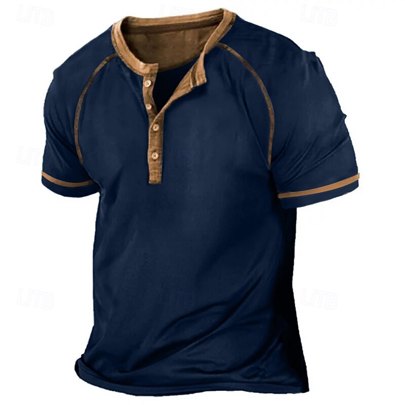 Men's T Shirt Henley Shirt Tee Top Short Sleeve Color Block Vintage Fashion Designer Basic Buttons Henley Vacation Street Going out Summer Dark Grey Wine Black Henley T-Shirt