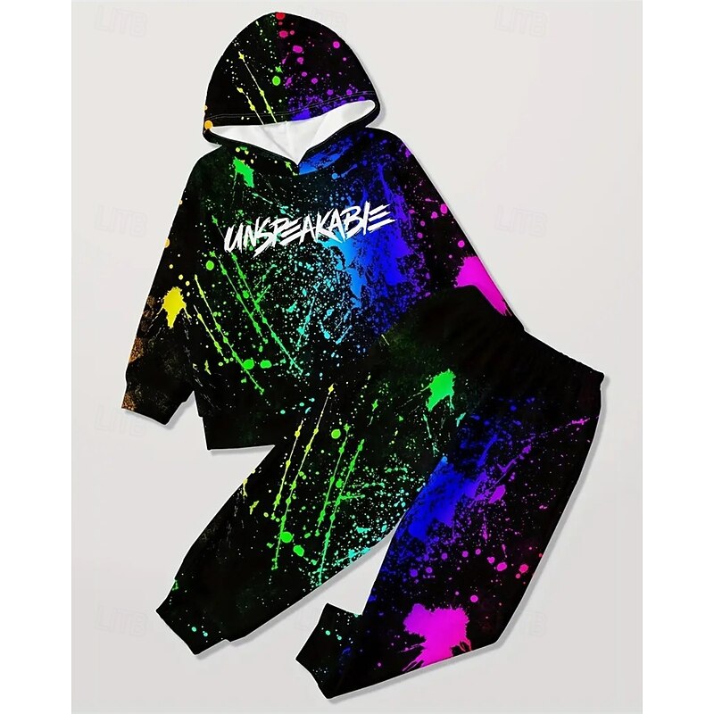 Boys 3D Graphic Letter Sports Suit Hoodie Set Tracksuits Long Sleeve Spring Fall Daily Casual Tights Kids 4-12 Years Hooded Outdoor Vacation Sports Tailored Fit