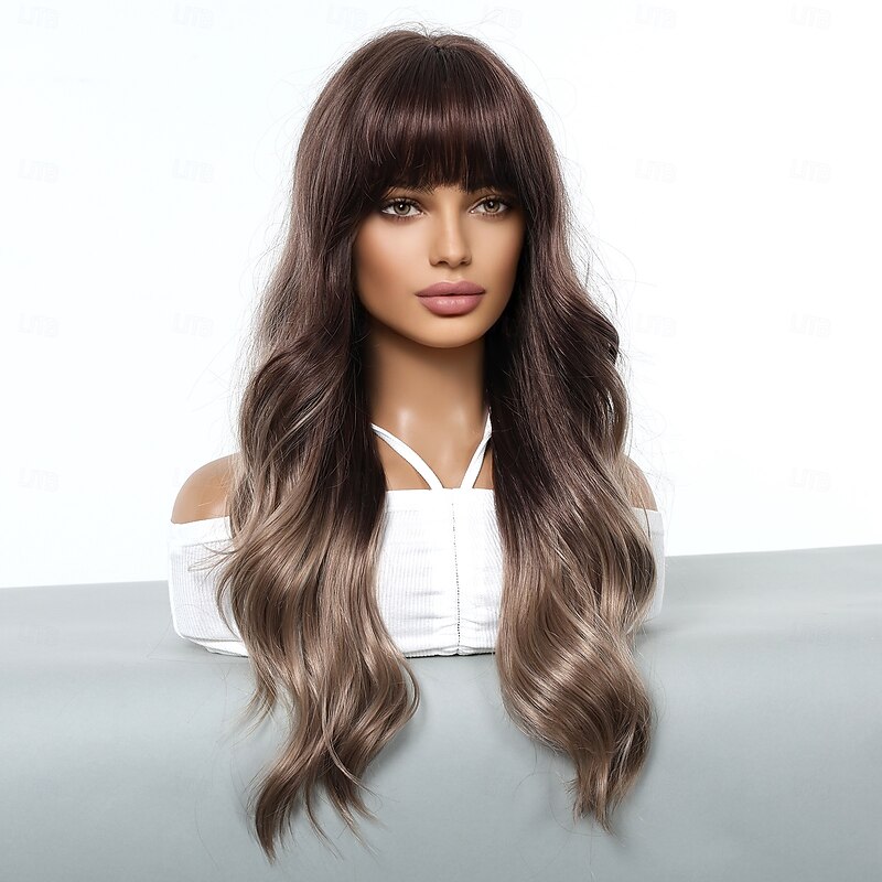 Synthetic Wig Uniforms Career Costumes Princess Curly Wavy Middle Part Layered Haircut Machine Made Wig 24 inch Dark Brown Synthetic Hair Women's Cosplay Party Fashion Brown4