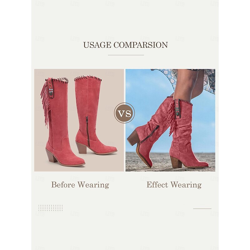 Women's Retro Western-Style Fringe Suede Boots - Mid-Calf Brown Heeled Boots for Casual and Boho Outfits4