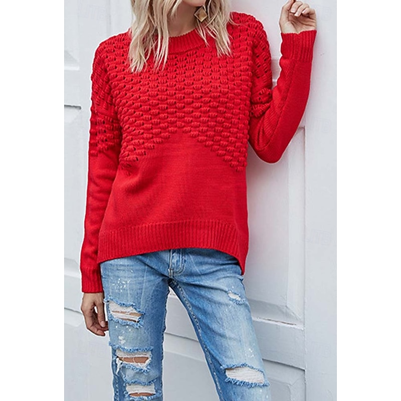Women's Sweater Daily Casual Solid Color Crew Neck Knitted Textured Long Sleeve Long Tops Knit Home Work Weekend Red Brown Fall Winter4