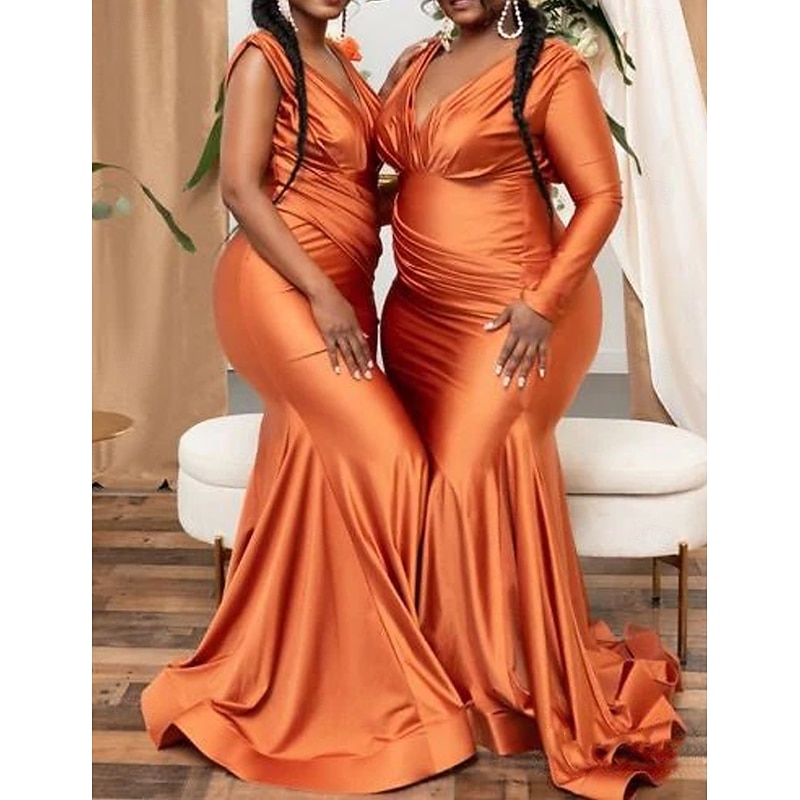 Sheath / Column Bridesmaid Dress V Neck / One Shoulder Long Sleeve Elegant Sweep / Brush Train Spandex with Pleats / Solid Color 20222