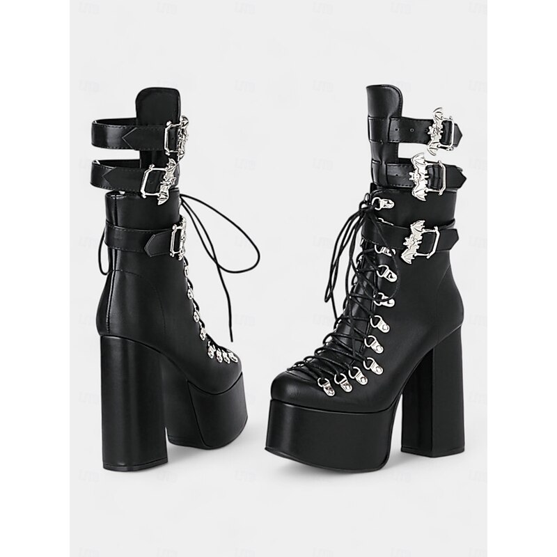 Women's Gothic Platform Lace-Up Boots with Buckle Straps and Chunky Heels – Statement Heeled Boots for Parties and Alternative Fashion2