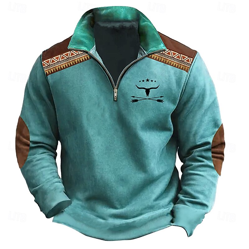 Men's Cow Hunting Sweatshirts Zip Sweatshirt Quarter Zip Sweatshirt Long Sleeve Sweatshirt Half Zip Vintage Retro 3D Printing Going out Climbing Hunting Half Zip Winter Spring &  Fall4