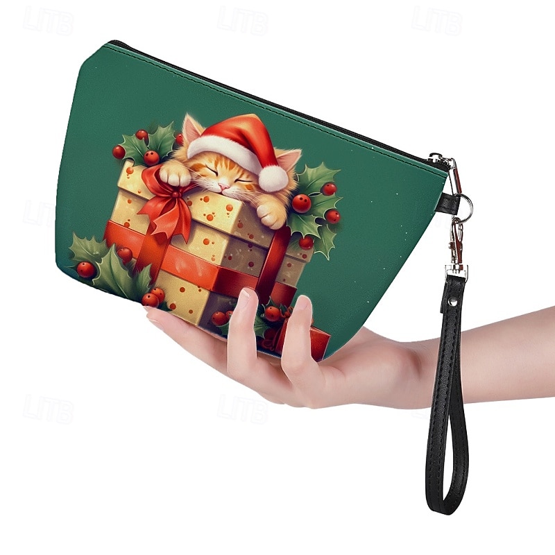 Women's Christmas Cat Print Wristlet Clutch Bag with Gift Box Design, Holiday-Themed Women's Purse for Festive Occasions3