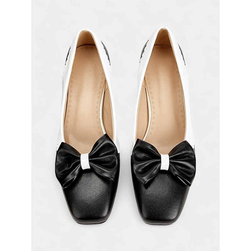 Women's Black and White Block Heel Pumps with Bow Detail – Vintage-Inspired Low-Heel Shoes for Office, Casual, and Dressy Occasions3