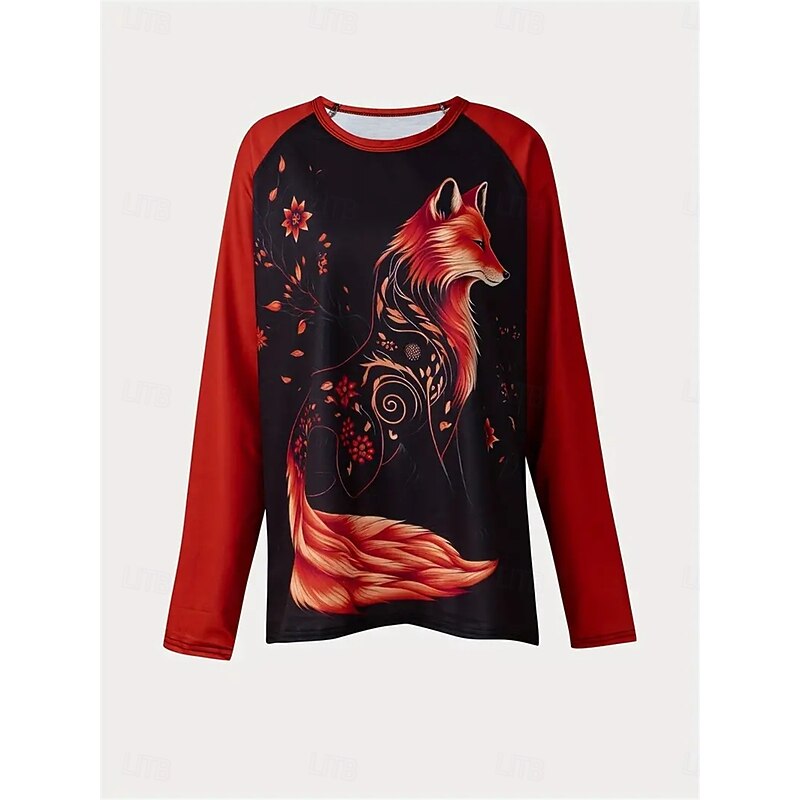 Women's T Shirt Casual Print Long Sleeve Long Tops Crew Neck Daily Red Gray Spring &  Fall3
