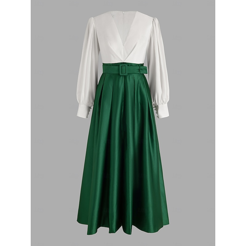 A-Line Evening Gown High Split Dress Formal Wedding Guest Floor Length Long Sleeve V Neck Belt / Sash Satin with Pleats Slit2