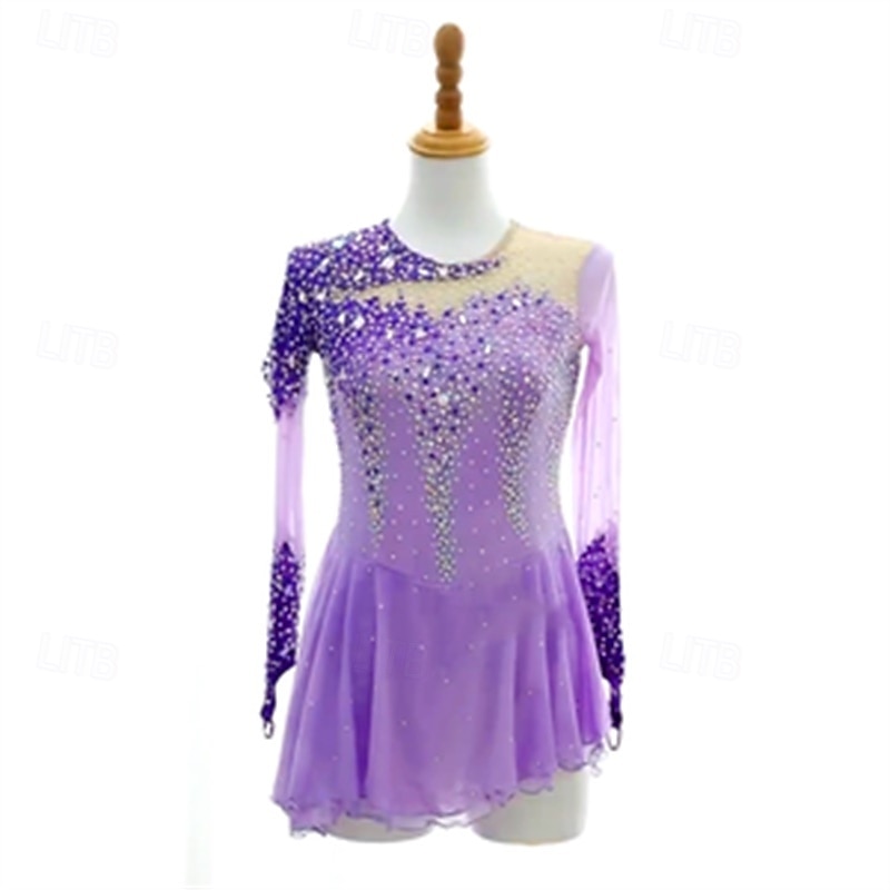 Figure Skating Dress Women's Girls' Ice Skating Dress Pink Purple Patchwork Mesh High Elasticity Training Competition Skating Wear Classic Crystal / Rhinestone Long Sleeve Ice Skating Figure Skating