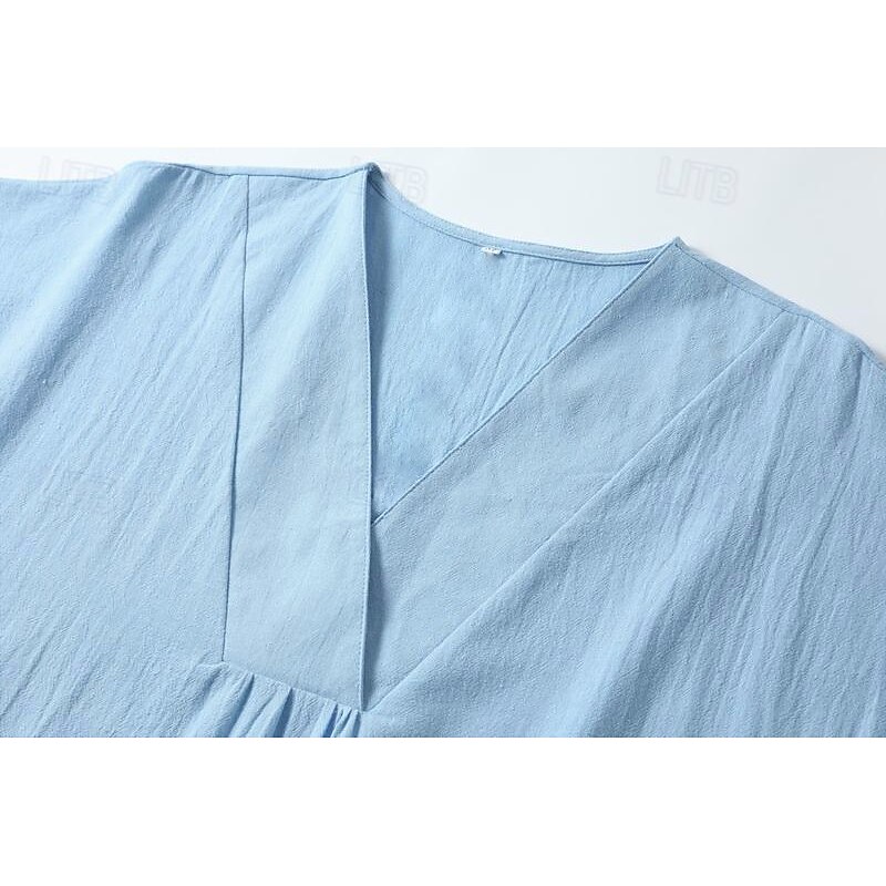 Women's Midi Dress V-neckline Crinkled Texture Light Blue Short Sleeve Casual Beachwear Loose Fit Breathable Summer Apparel3