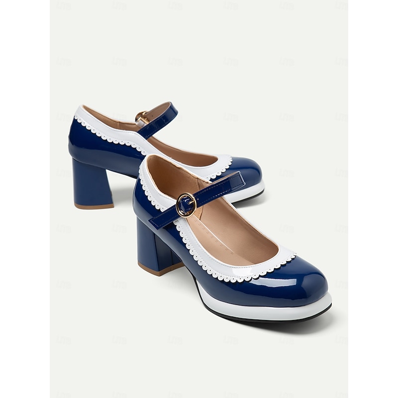 Women's Retro Blue and White Mary Jane Block Heels with Scalloped Trim – Vintage-Style Shoes for Cosplay, Parties, and Formal Occasions4