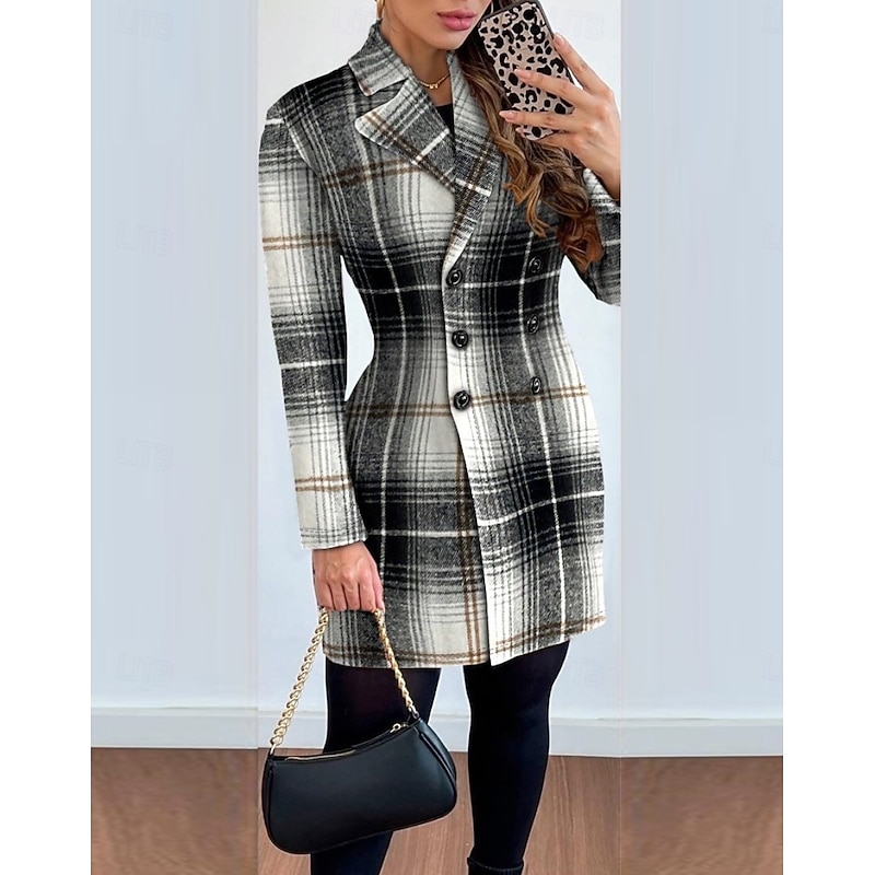Women's Overcoat Thickened Button Down Winter Lattice Print  Lapel Coat for women