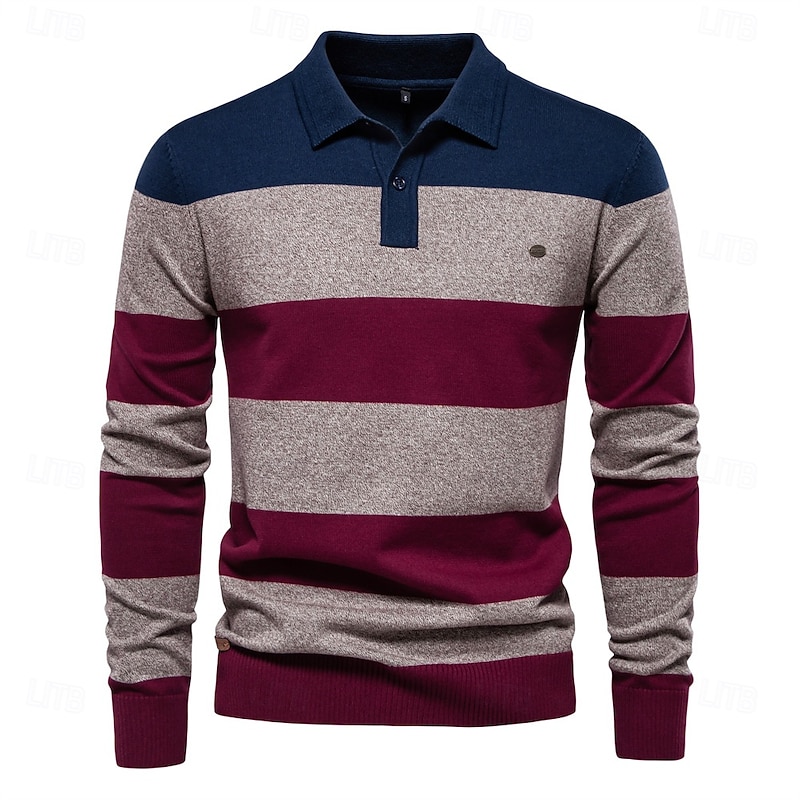Mens Strip Cotton Button-up Polo Collar Sweater Knit Casual Business Sweaters for Men