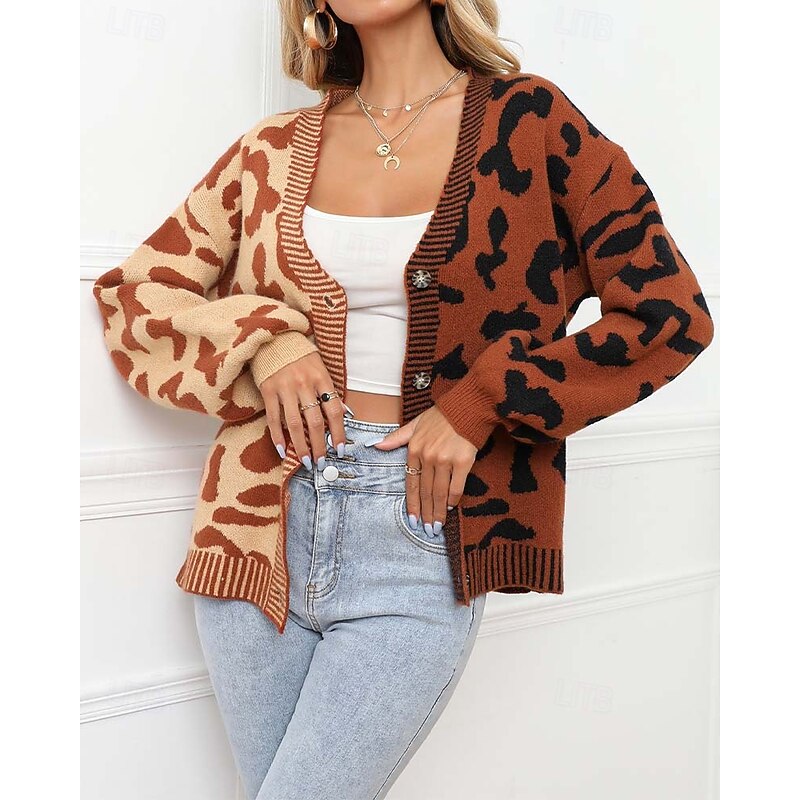 Women's Cardigan Fashion Daily Casual Leopard Color Block Print Open Front Knitted Long Sleeve Regular Tops Knit Formal Home Red Brown Fall Winter