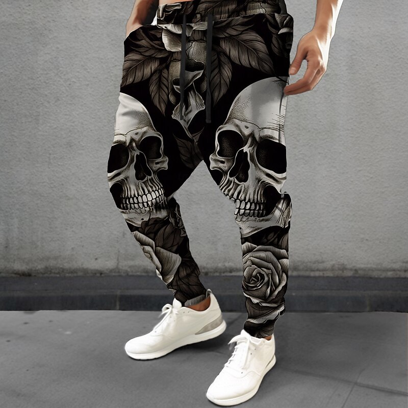 Men's Halloween Costumes Skulls Sweatpants Joggers Pants Trousers Mid Waist Drawstring Elastic Waist Horror Dark Party Evening Wear Pocket Spring Fall Winter 3D Print Black