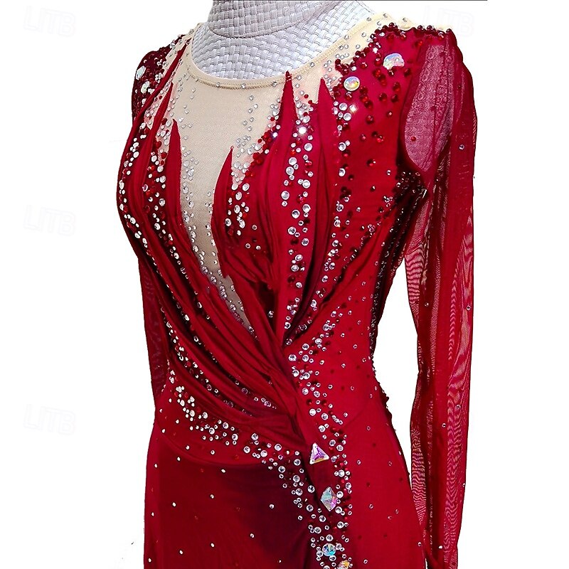 Figure Skating Dress Women's Girls' Ice Skating Dress Burgundy Patchwork Mesh High Elasticity Training Competition Skating Wear Classic Crystal / Rhinestone Long Sleeve Ice Skating Figure Skating2