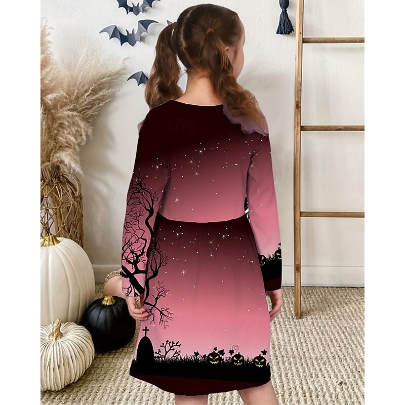 Girls' 3D Graphic Halloween pumpkin Dress Long Sleeve Summer Spring Vacation Daily Holiday Beautiful Sweet Kids 4-12 Years Casual Dress A Line Dress Knee-length Regular Fit2
