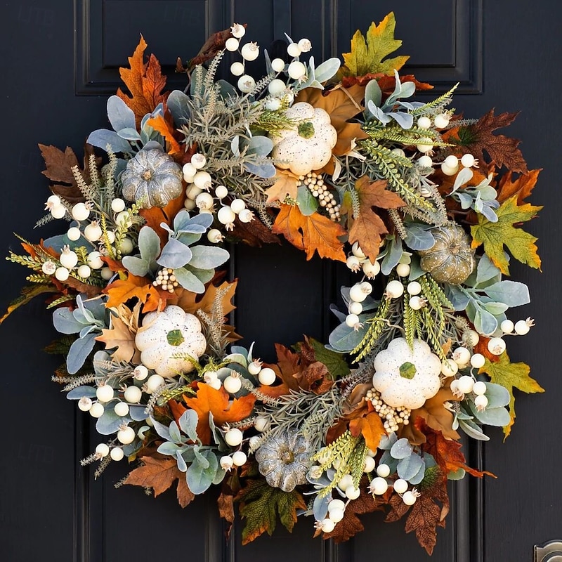 Fall Decor - 45cm Fall Wreaths for Front Door - Autumn Artificial Pumpkin Eucalyptus Maples Leaf Wreath - Rustic Fall Thanksgiving Decorations for Home Outdoor Mantel Window Wall3