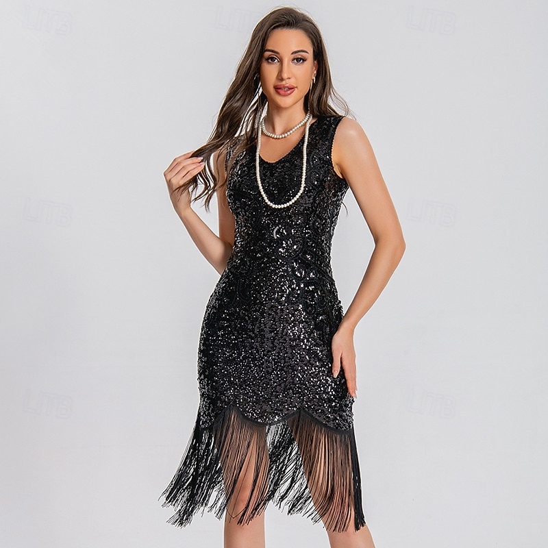 1920s Vintage Inspired Flapper Dress Party Costume Sleeveless The Great Gatsby Wedding Guest Sequins Tassel Fringe Sequin Tassel V Neck Fancy Dress Women's Christmas Halloween New Year Casual Daily2