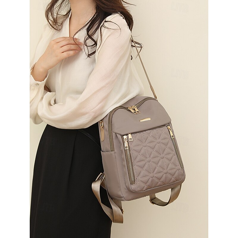 Women's Beige Quilted Backpack with Zipper Pockets and Adjustable Straps – Stylish Everyday Bag for Work and Travel3