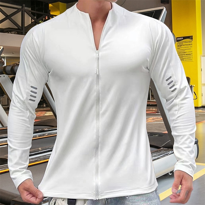 Men's Athletic Shirt Gym Shirt Fitness Shirt Padded Compression Shirt Full Zip Long Sleeve Jersey Casual Athleisure Fall Solid Colored Quick Dry Soft Breathable Gym Workout Walking Jogging Sportswear