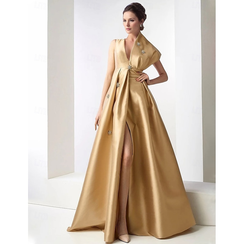 Gold A-Line Satin Evening Gown Elegant Fall Wedding Guest Dress Carnival  Formal Floor Length Sleeveless V Neck Pocket with Rhinestone Beading -  Product Details
