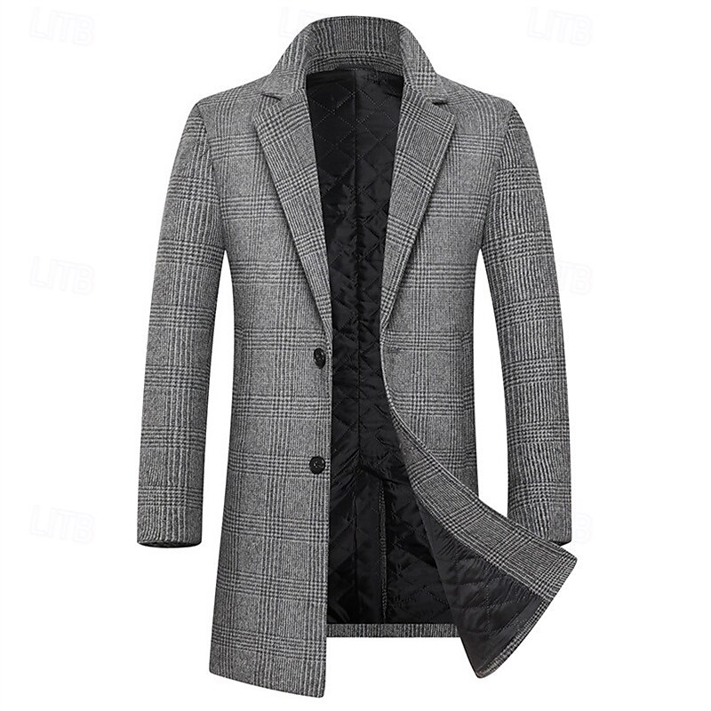 Men's Trench Coat Long Trench Coat Daily Vacation Fall & Winter Polyester Thermal Warm Outerwear Clothing Apparel Fashion Classic Plaid Pocket Lapel Single Breasted3