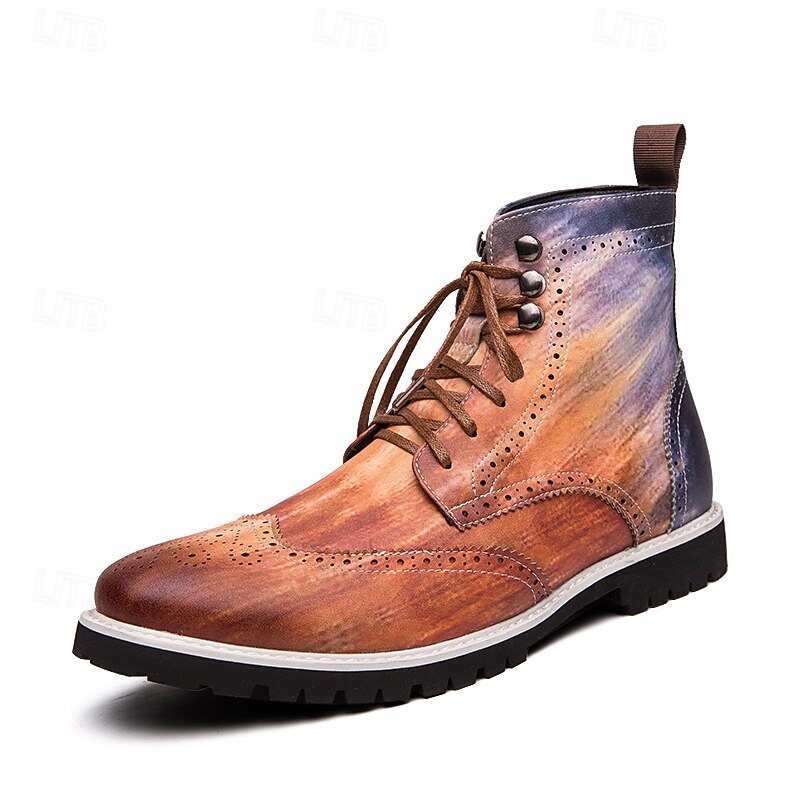 Men's Hand-Painted Brogue Ankle Boots with Lace-Up Design, Faux Leather Upper, and Rugged Sole – Stylish Vintage Casual Footwear2