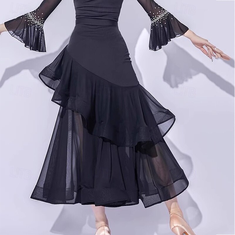 Ballroom Dance Skirts Ruffles Pure Color Splicing Women's Performance Training Mesh Milk Fiber4