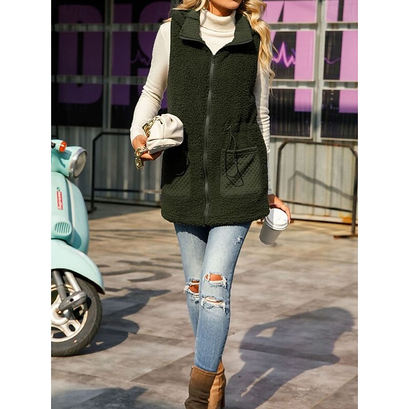 Women's Fleece Vest Teddy Coat Warm Breathable Zipper Pocket Fleece Lined Casual Plain Vacation Street Daily Wear Going out Zipper Regular Hoodie Regular Fit Sleeveless Outerwear Army Green Fall4