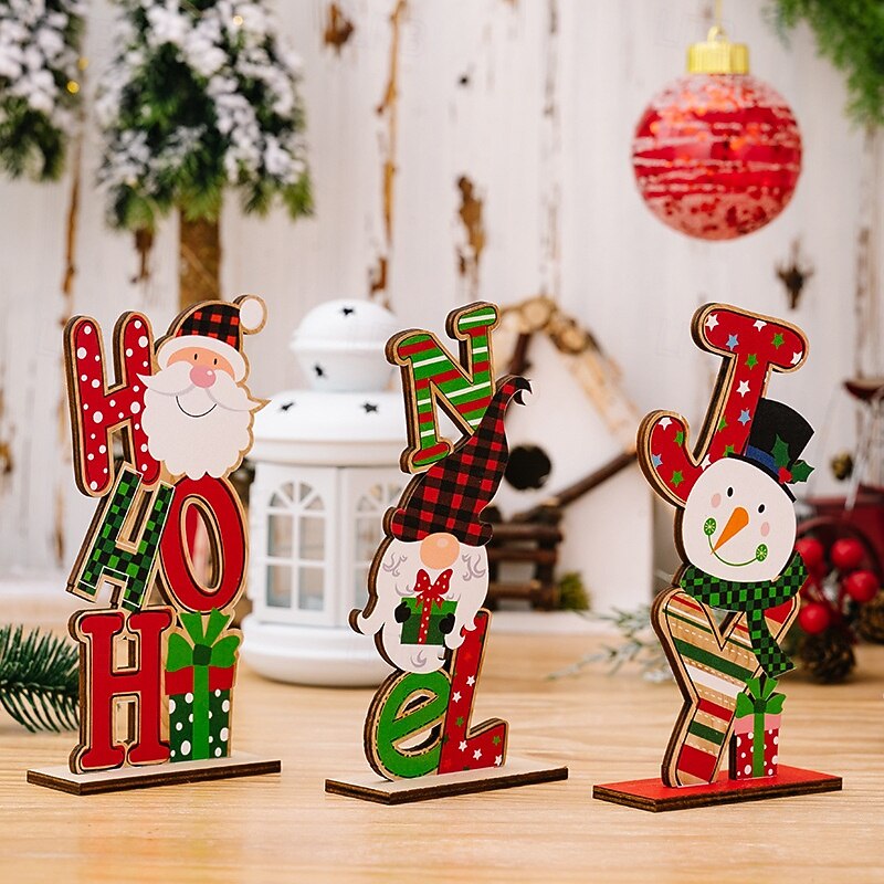 Christmas Wooden Figurines - Colorful Letter Ornaments, Snowman, Gnome, and Elderly Designs, Festive Wood Decor for Holiday Home Decoration4