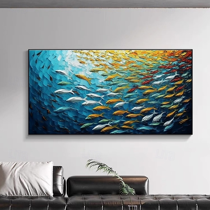Handpainted Blue Ocean World Multicolored Tropical Fish oil painting handmade 3D fish Oil Painting Modern Marine Seascape painting Nature Decor Vertical Artwork Underwater Spectacle oil painting
