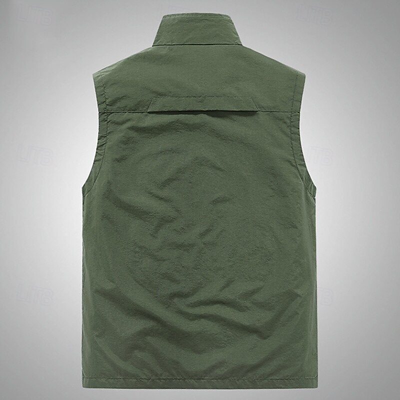 Men's Vest Gilet Fishing Vest Hiking Vest Daily Date Vacation Fashion Casual Spring & Summer Mesh Pocket Polyester Breathable Comfortable Plain Zipper Stand Collar Regular Fit Black Khaki Army Green3