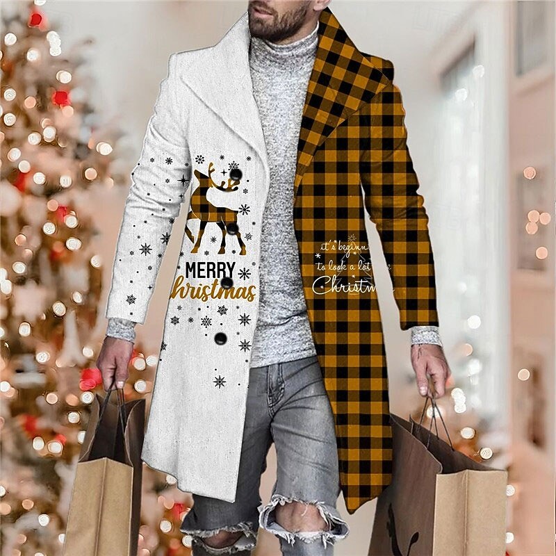 Christmas Outerwear Men's Coat Going out Fall & Winter Turndown Long Sleeve Yellow Red Blue M L XL3