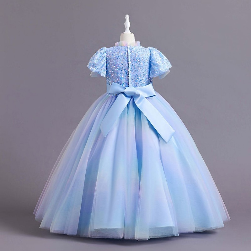 Kids Girls' Party Dress Solid Color Short Sleeve Special Occasion Princess Polyester Party Dress Summer Spring 2-12 Years 4 years+ Champagne Pink Blue2