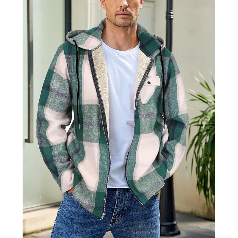 Men's Shirt Jacket Hoodied Jacket Shacket Flannel Fleece Jacket Daily Vacation Thermal Warm Hooded Fall & Winter Plaid Checkered Fashion Streetwear Lapel Regular Black Dark Red Light Green Red Blue