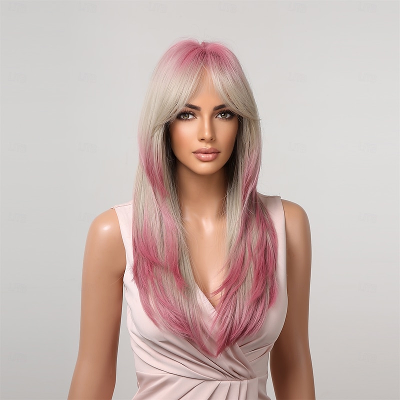 Synthetic Wig Uniforms Career Costumes Princess Straight kinky Straight Middle Part Layered Haircut Machine Made Wig 22 inch Gold Pink Synthetic Hair Women's Cosplay Party Fashion Blonde4