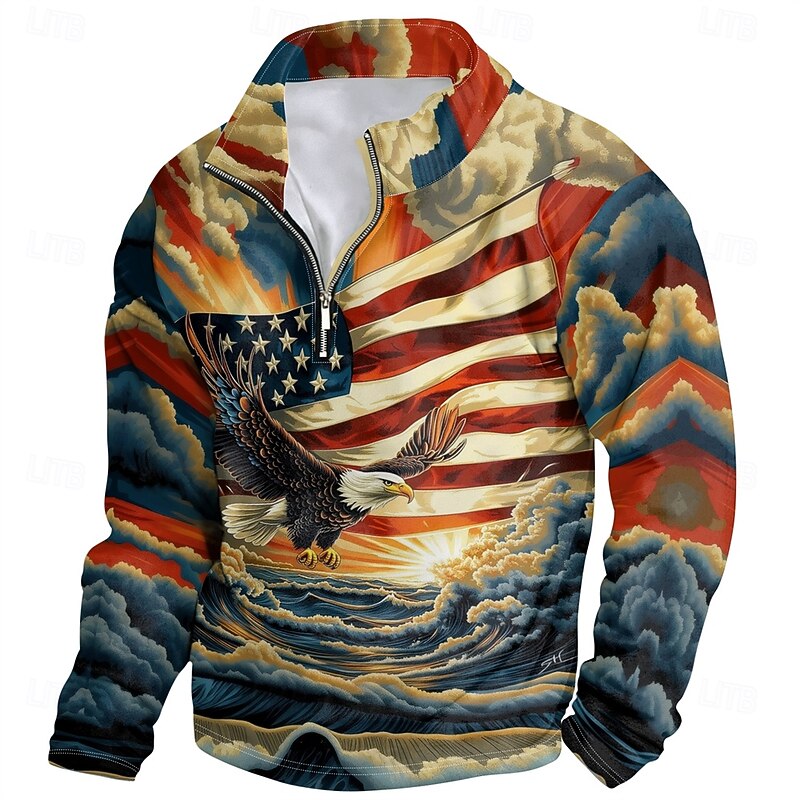 Men's Graphic American Flag Hoodies Daily Casual Long Sleeve Stand Collar Vacation Going out Streetwear Blue Print Fall Spring & Fall Designer3
