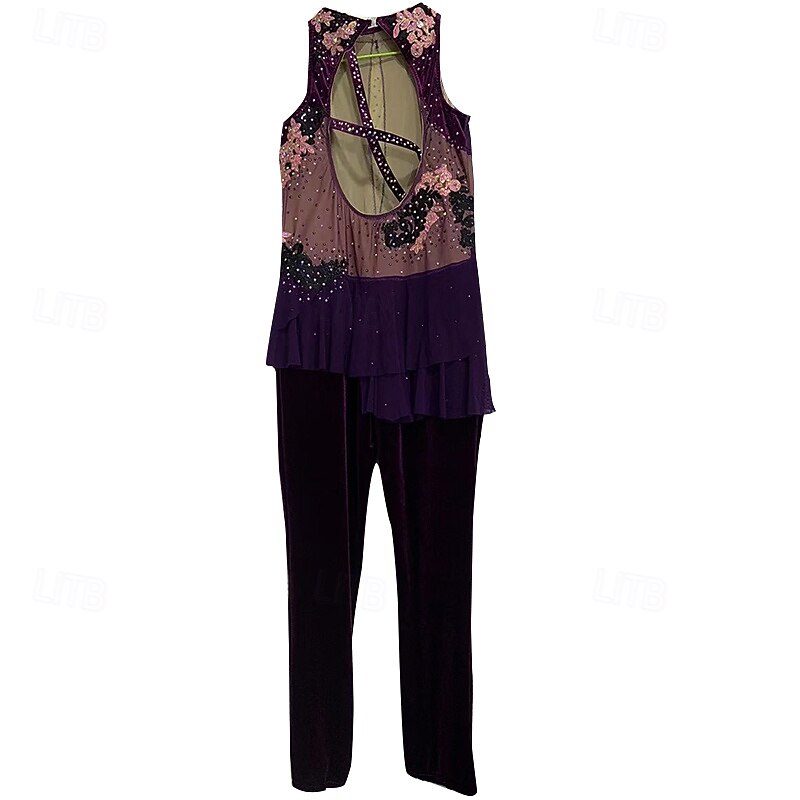 Figure Skating Pants Women's Girls' Ice Skating Outfits Purple Patchwork Open Back Mesh Spandex High Elasticity Training Practice Professional Skating Wear Classic Crystal / Rhinestone Long Sleeve2