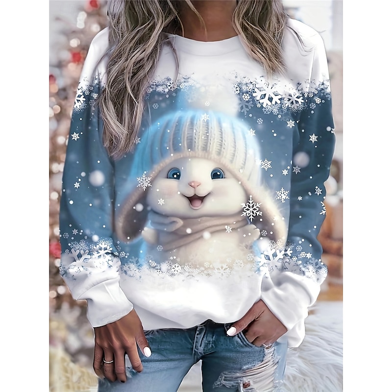 Women's Sweatshirt Long Sleeve Winter Bunny with Hat Graphic Blue Snowflakes Crew Neck Casual Comfortable Holiday Festive Homewear Regular Fit