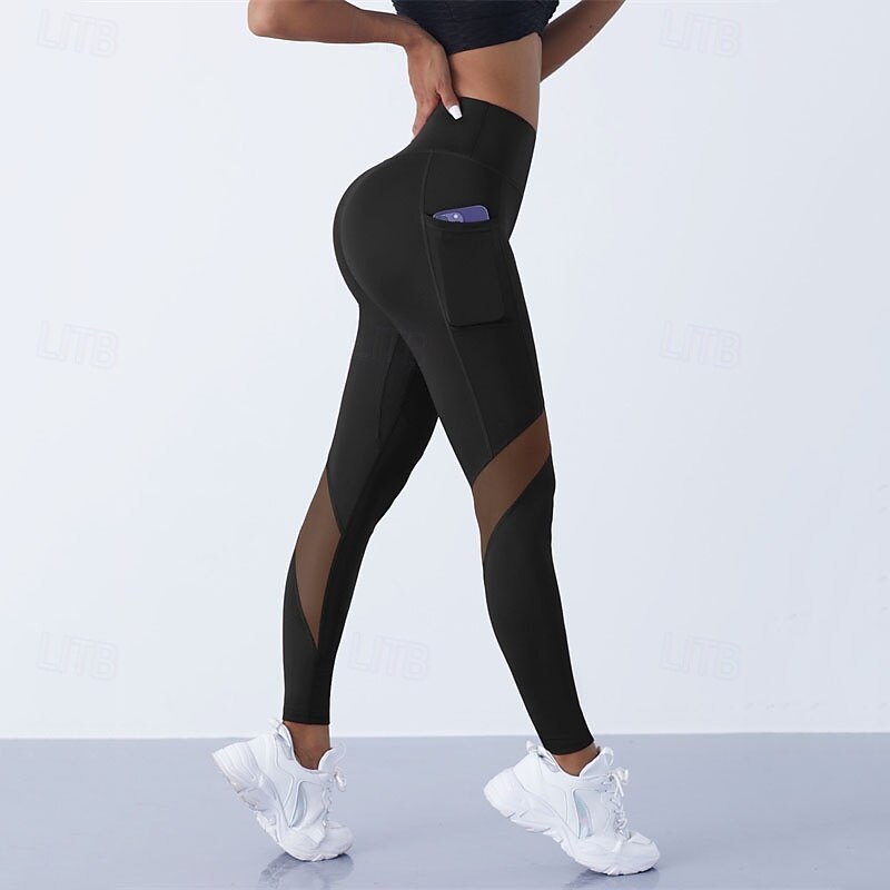 Women's Yoga Pants Yoga Leggings Patchwork Mesh High Waist Pilates Gym Workout Workout Tights Solid Color Black Fall Sports Activewear Stretchy Slim2
