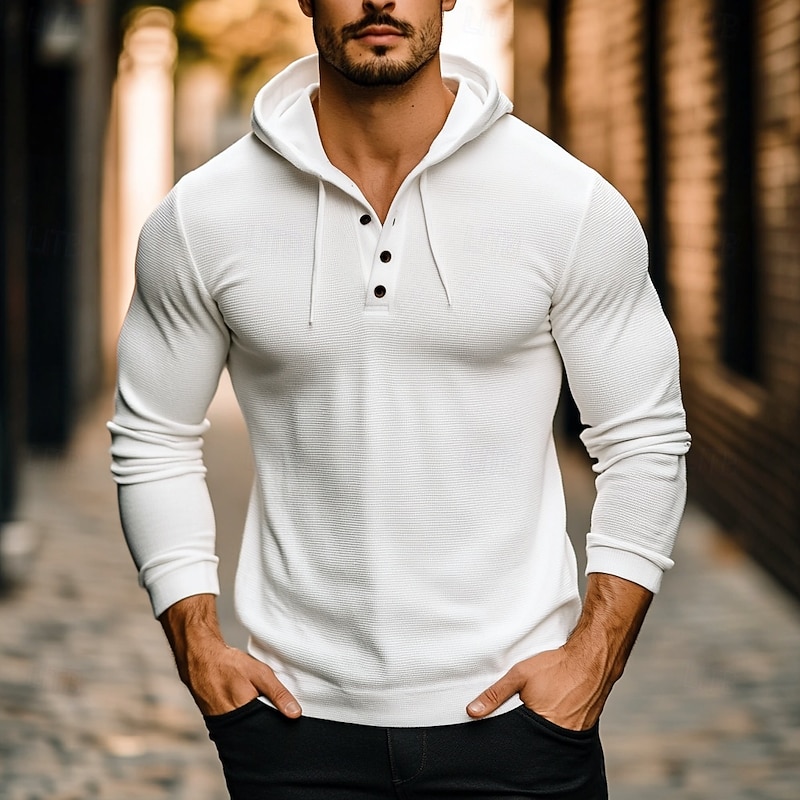 Men's Waffle Shirt T Shirt Tee Top Long Sleeve Shirt Long Sleeve Hooded Spring &  Fall Plain Fashion Designer Basic Hooded Vacation Street Going out White Top Tee for Men